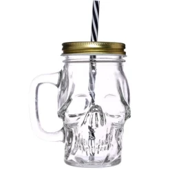 Glass Skull Jar With Metal Lid & Straw 350Ml