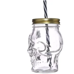 Glass Skull Jar With Metal Lid & Straw 350Ml