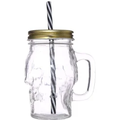 Glass Skull Jar With Metal Lid & Straw 350Ml