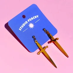 Golden Sword Long Dangle Earrings