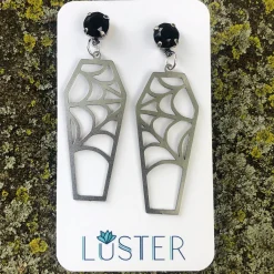 Silver Cobweb Coffin Earrings